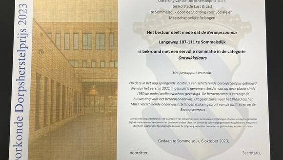 Beroepscampus genomineerd voor de Dorpsherstelprijs 2023