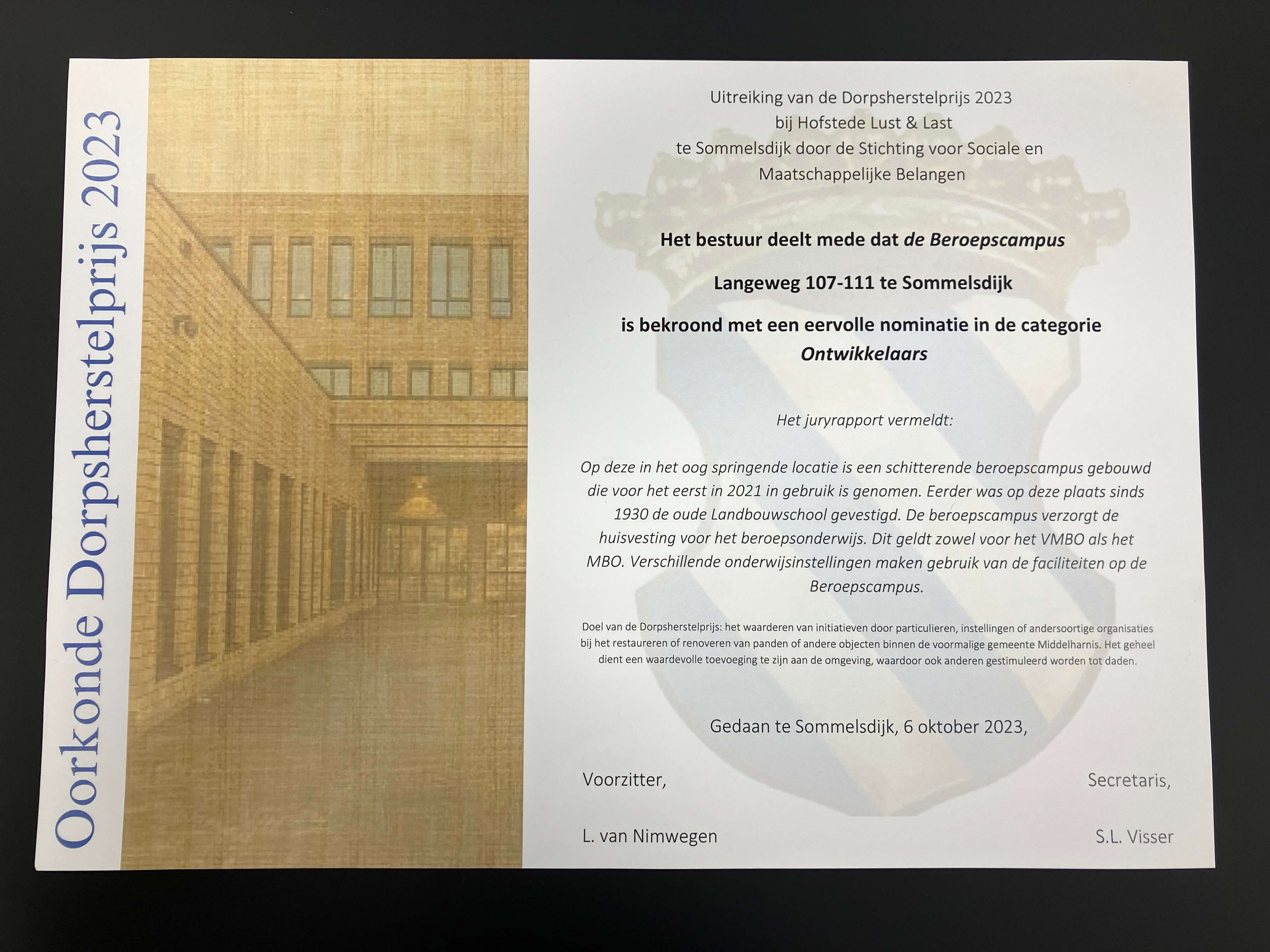 Oorkonde Dorpsherstelprijs 2023